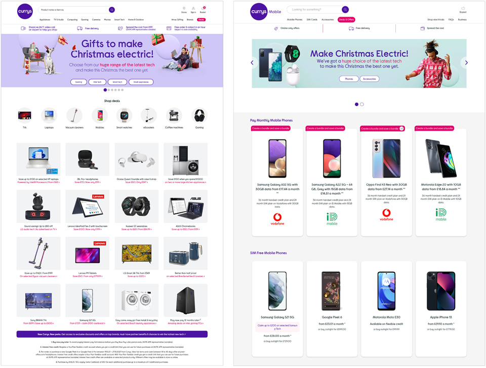 Pre-Omni Channel Currys Home Page & Currys Mobile Home Page - Darius Bajina Personal Portfolio
