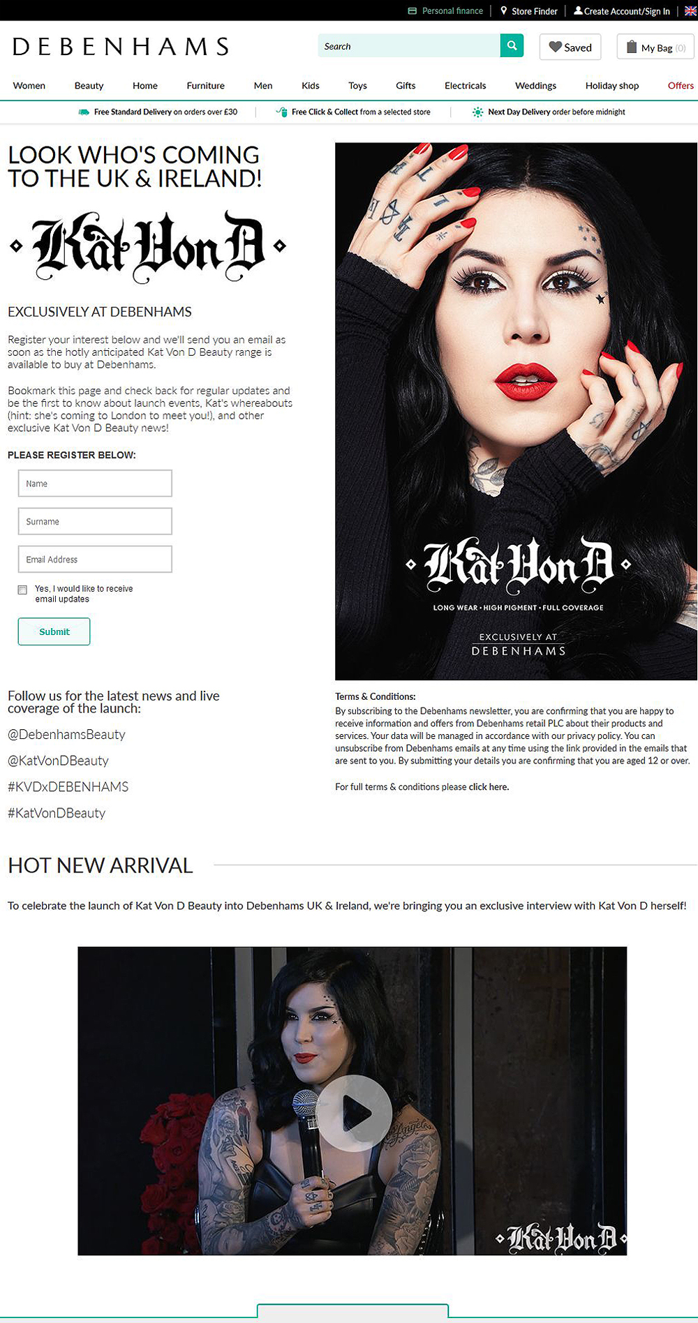 Debenhams Kat Von D Coming Soon Page - Darius Bajina Personal Portfolio